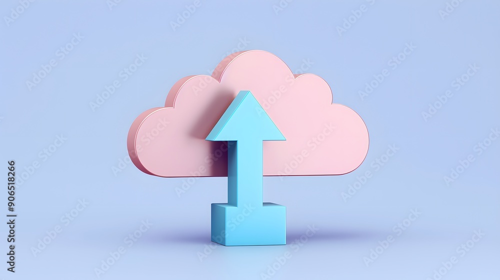 Poster cloud upload concept on a pastel blue background with a pink cloud and blue arrow symbolizing data t