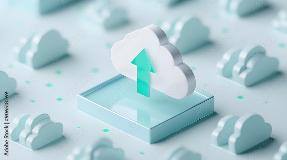 Poster cloud upload concept with 3d cloud icons and arrow symbols representing data storage and internet te