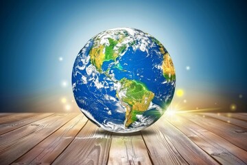 Globe on wooden surface with glowing background