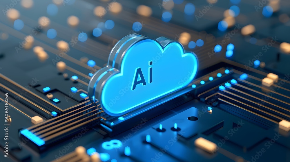 Poster cloud-based ai technology concept with a glowing 3d cloud icon on a digital circuit board background