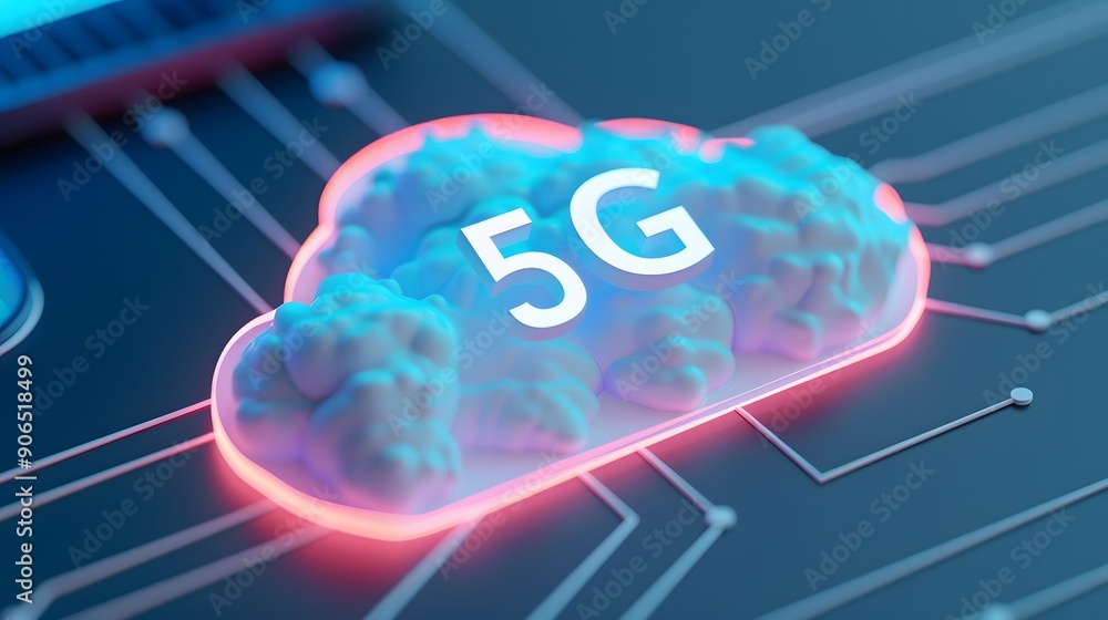 Poster cloud-shaped 5g icon floating above a digital circuit board, symbolizing advanced communication tech
