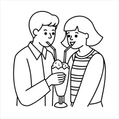 A couple sharing a milkshake with two straws line art vector