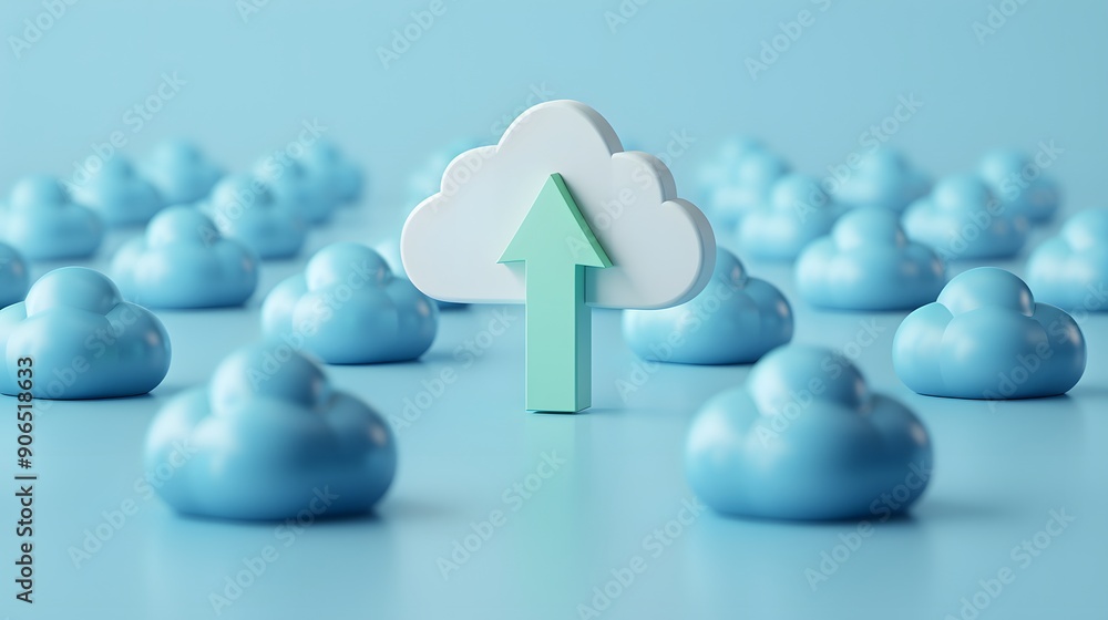Poster Concept image of cloud computing with cloud icons and upward arrow representing data uploading. Blue background.