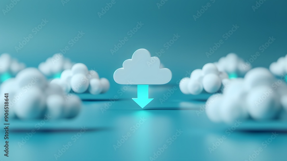 Poster concept of cloud computing and data transfer. multiple cloud icons on a blue background suggest digi