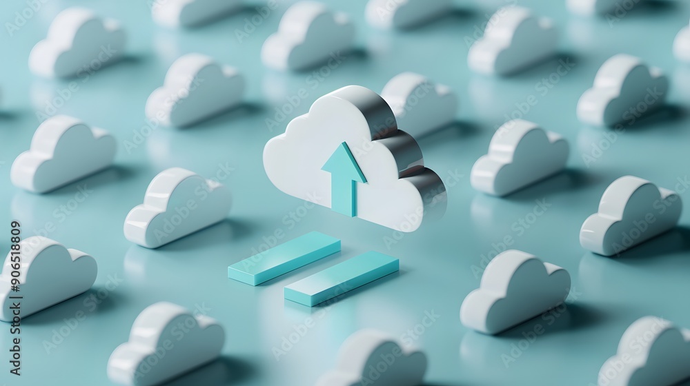 Poster conceptual image of cloud computing and data upload. white clouds on cyan background, illustrating d