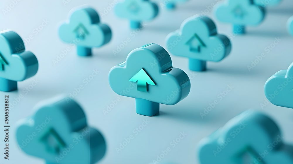 Poster conceptual image of cloud computing icons representing data storage and technology with upload arrow
