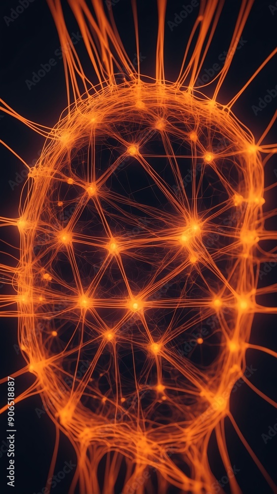 Aufkleber orange neural network visualization neon lights techno technology abstract background with copy spac