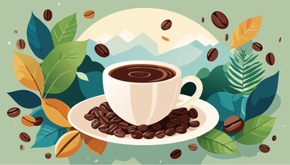 Obraz premium Immagine vettoriale che raffigura una tazzina di caffè circondata da grani di caffè e foglie verdi, esprimendo eleganza e gusto in uno stile grafico moderno.