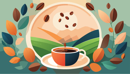 Immagine vettoriale che raffigura una tazzina di caffè circondata da grani di caffè e foglie verdi, esprimendo eleganza e gusto in uno stile grafico moderno.