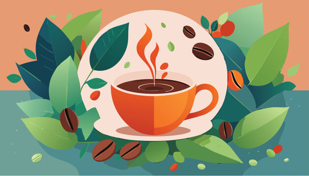 Immagine vettoriale che raffigura una tazzina di caff&egrave; circondata da grani di caff&egrave; e foglie verdi, esprimendo eleganza e gusto in uno stile grafico moderno.