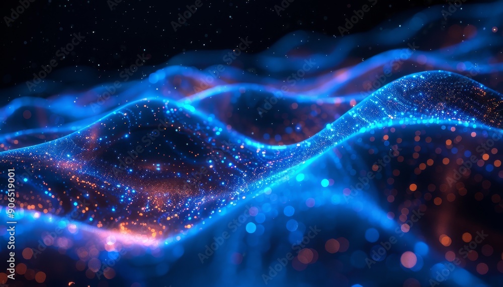 Poster futuristic ai technology background with glowing blue waves and dotted patterns. digital banner