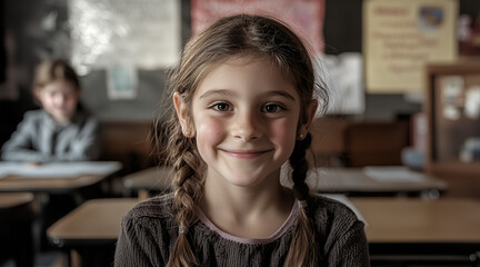  portrait of an 8 year old american girl in a classroom