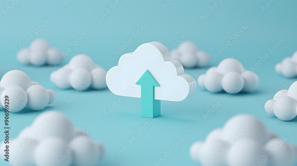 Poster creative 3d rendering of cloud storage concept with arrow sign indicating data upload, surrounded by
