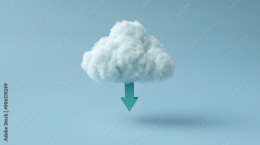 Poster creative concept of cloud computing with a white cloud icon and a downward arrow on a blue backgroun