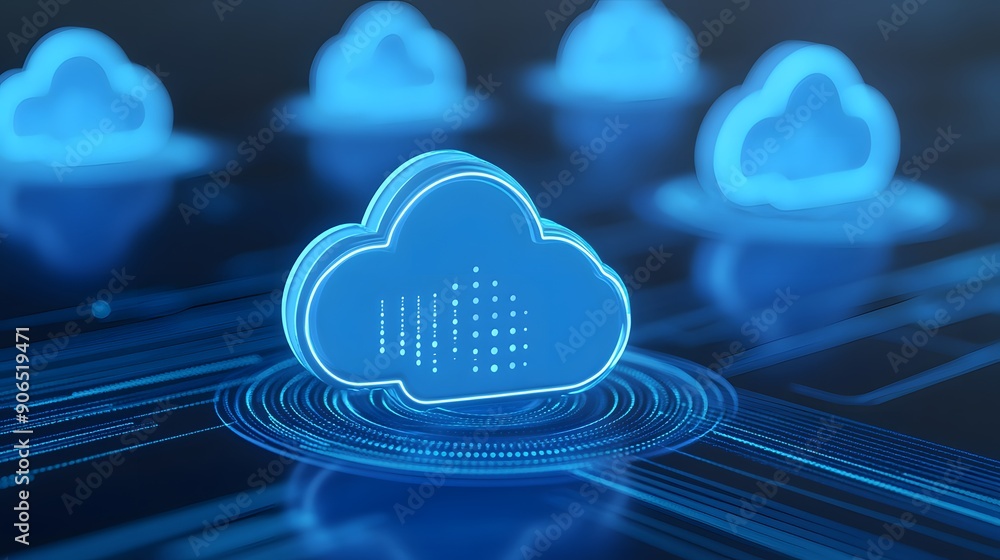 Poster digital blue cloud computing illustration showcasing data technology and network infrastructure on a