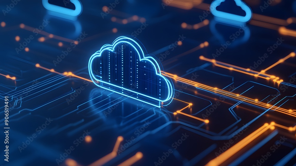 Poster digital blue cloud network with interconnected circuits on a futuristic dark background, symbolizing