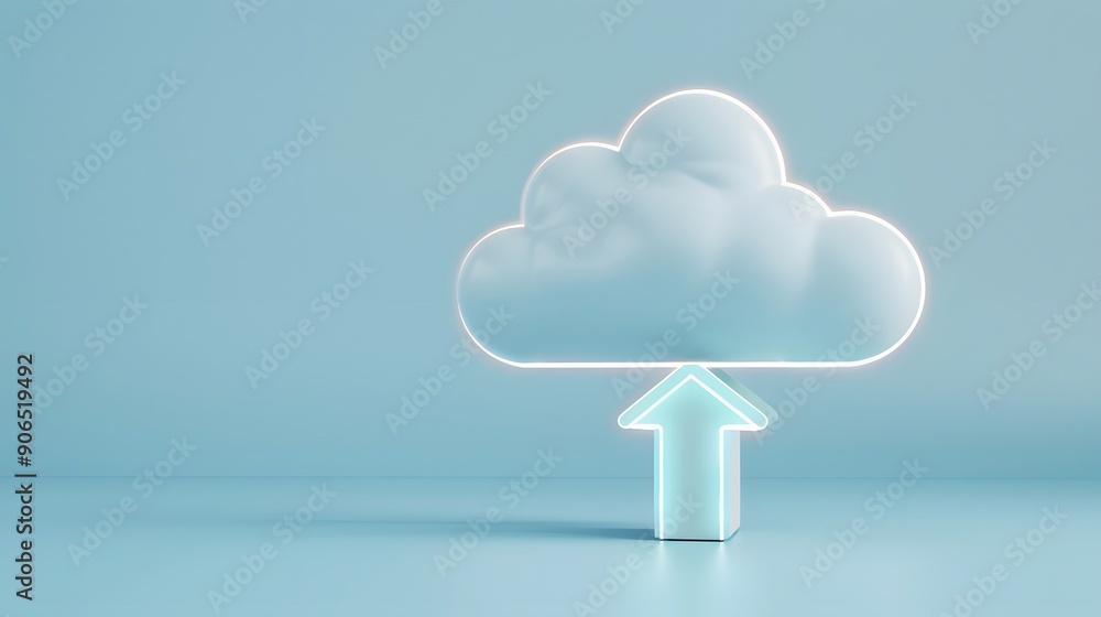 Poster digital cloud and upward arrow symbolizing online storage and data upload on a light blue background