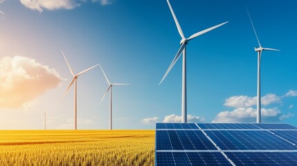 Sustainable farming, wind turbines and solar panels in fields, flat design illustration, copy space for text, ultra HD