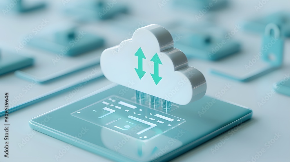 Poster digital cloud computing concept with a cloud icon and arrows representing data transfer on an abstra