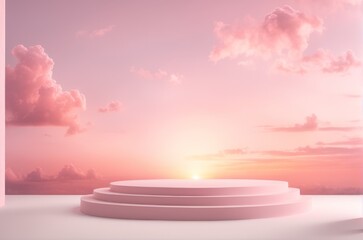 Podium, showcase of pink color, on the background of pink sky with clouds. For demonstration of goods, cosmetics.