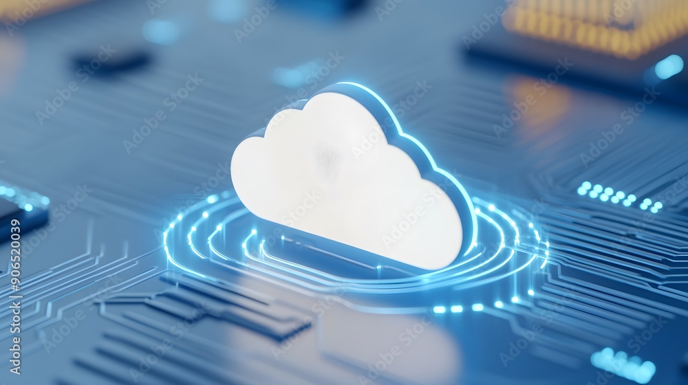 Poster digital cloud computing concept with illuminated circuit board, symbolizing data processing, storage