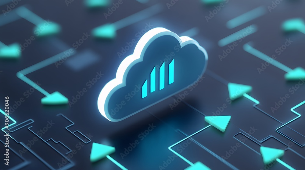 Poster digital cloud computing concept with neon arrows, representing data storage and network technology o