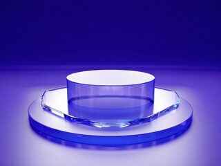 3d Transparent, glass stage, podium, showcase, on purple background. For demonstration of goods, cosmetics.