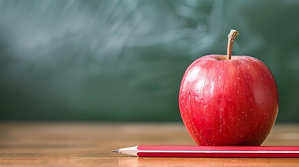 Red apple and pencil on a desk with a blurred chalkboard in the background symbolizing education learning and back to school themes. Ideal for academic and classroom concepts