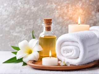 White towels, candles, oil, flowers for massage. realistic photo, relax. flyer, advertisement.