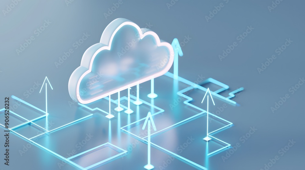 Poster digital cloud computing concept with neon lines and arrows representing data storage and transfer in