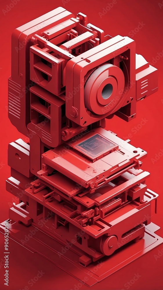 Poster red theme three dimension printer schematic technology abstract background with copy space