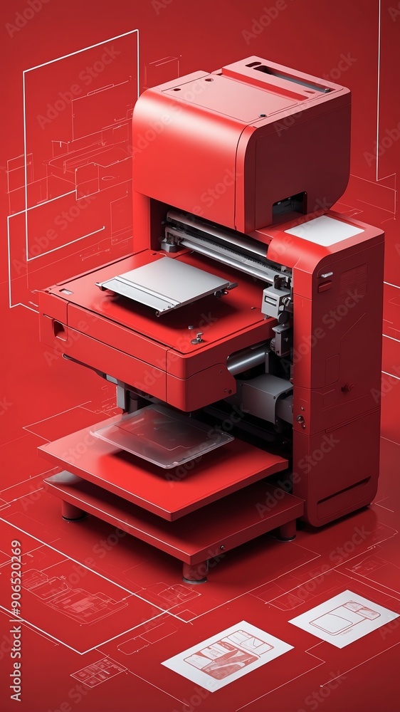Poster red theme three dimension printer schematic technology abstract background with copy space
