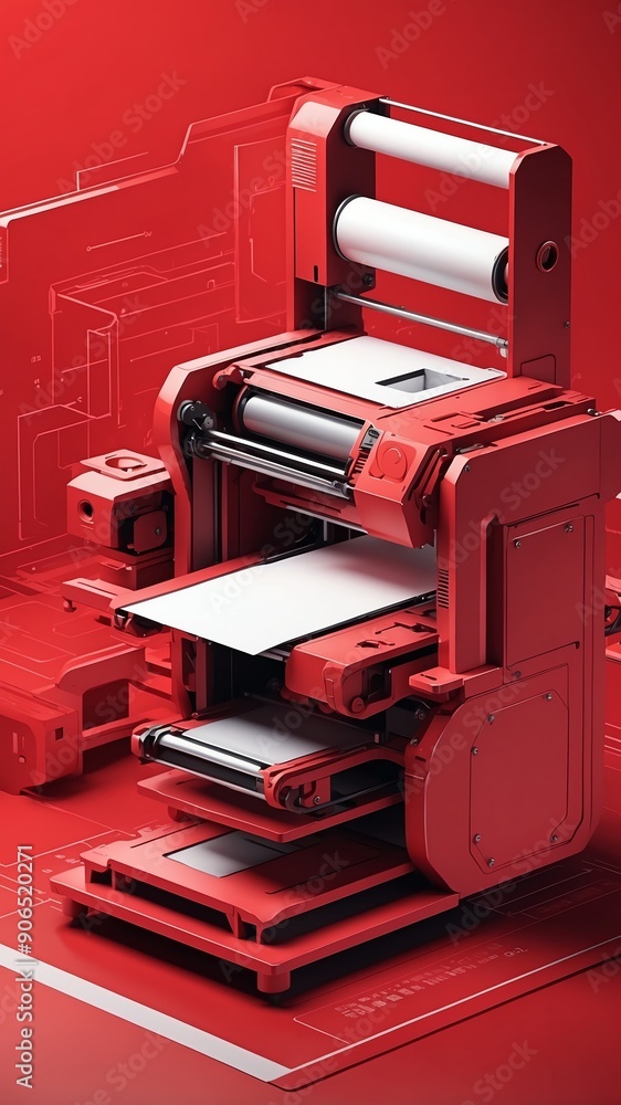 Poster red theme three dimension printer schematic technology abstract background with copy space