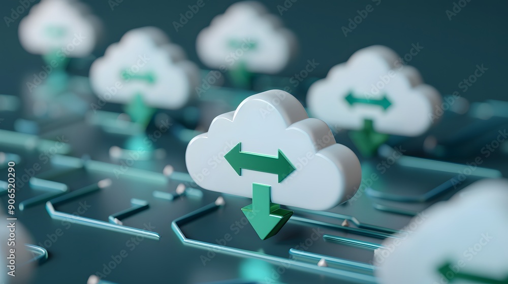 Poster digital cloud computing illustration showing data transfer and synchronization between clouds on a c