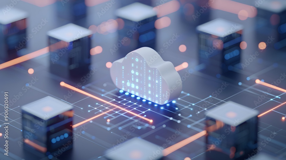 Poster digital cloud computing technology concept with glowing cloud symbol and data network connections, r