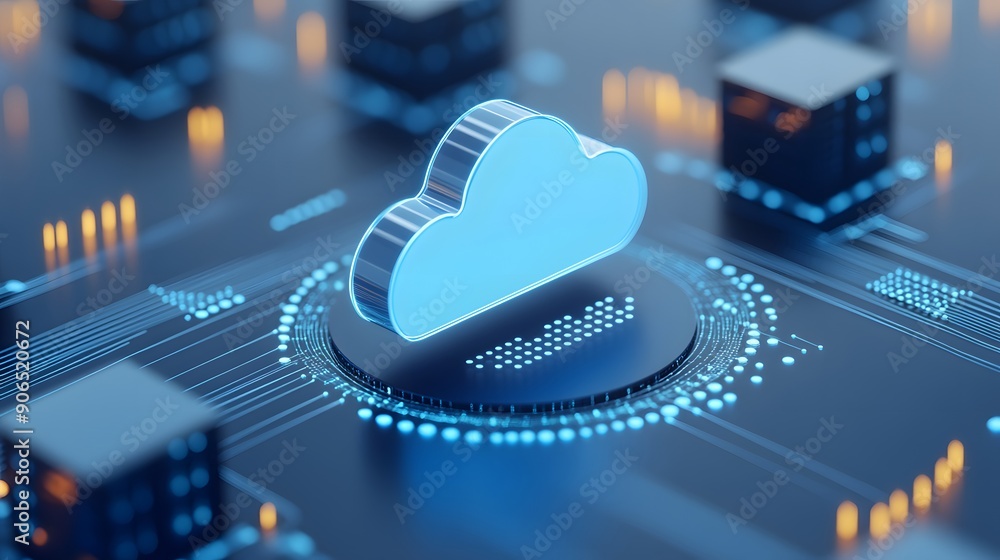 Poster digital cloud icon in a futuristic digital network representing cloud computing, technology, and dat