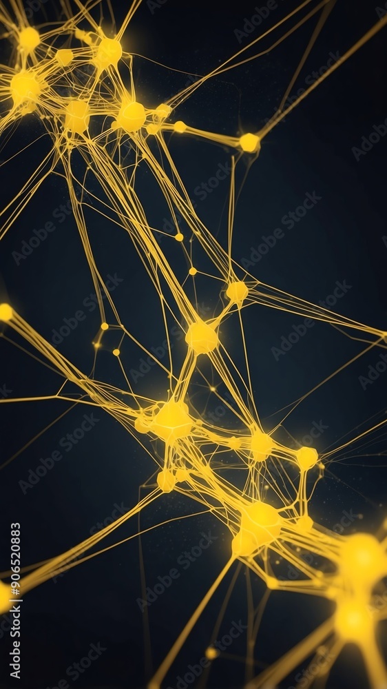 Poster yellow neural network visualization neon lights techno technology abstract background with copy spac
