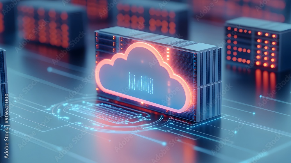 Poster digital cloud server with neon glow, depicting modern data storage and cloud computing technology in