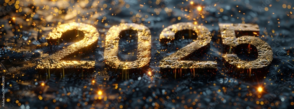 Poster glowing 2025 text with shimmering bokeh background and particle effects