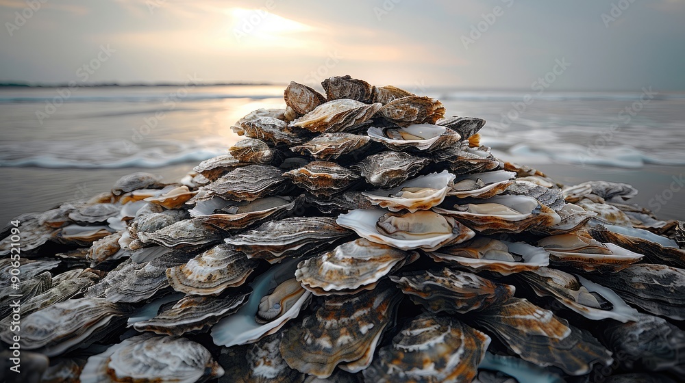 Poster Extremely large pile of oysters in foreground with ocean in background. Generative AI.