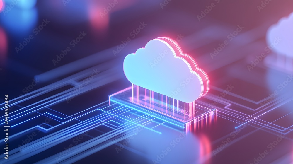 Poster digital cloud technology concept with glowing neon visuals, representing data networking and online 