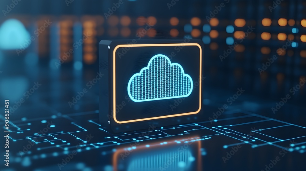 Poster digital cloud technology concept with glowing blue cloud icon on circuit board, representing data st