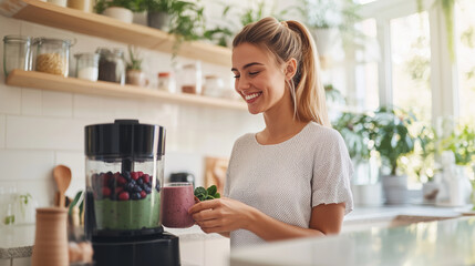 Beautiful Young Woman Smiling in Kitchen, Placing Hand on Black Electric Blender - Making Healthy Nutritious Pink Smoothie with Berries and Greens Photo