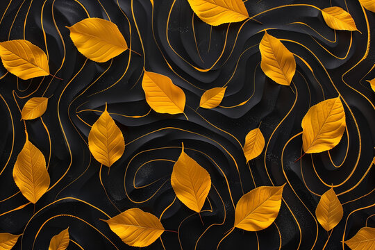Elegant Golden Yellow Leaves on Swirling Dark Background, Luxurious Nature Pattern Design.