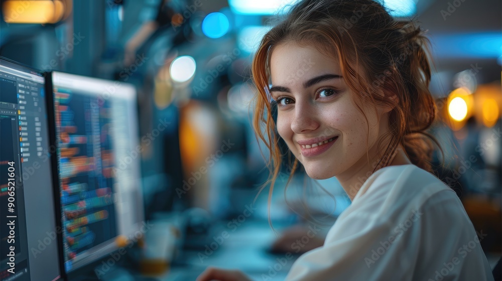 Poster female it technician in front of a computer working, work environment, happy in her position. genera