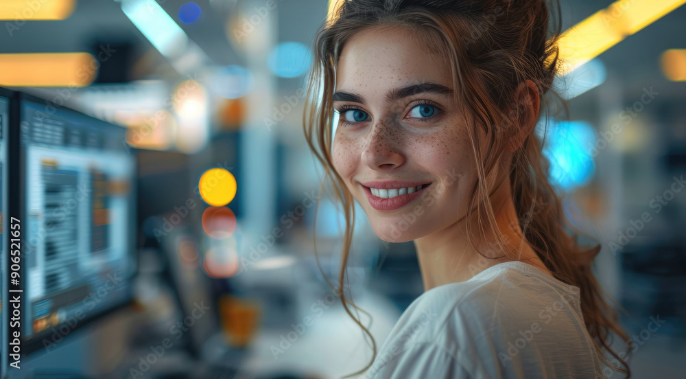 Poster female it technician in front of a computer working, work environment, happy in her position. genera