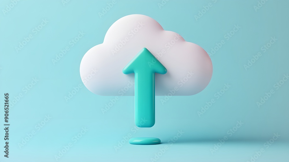 Poster digital cloud with an upward arrow, representing cloud storage and data upload. blue background emph