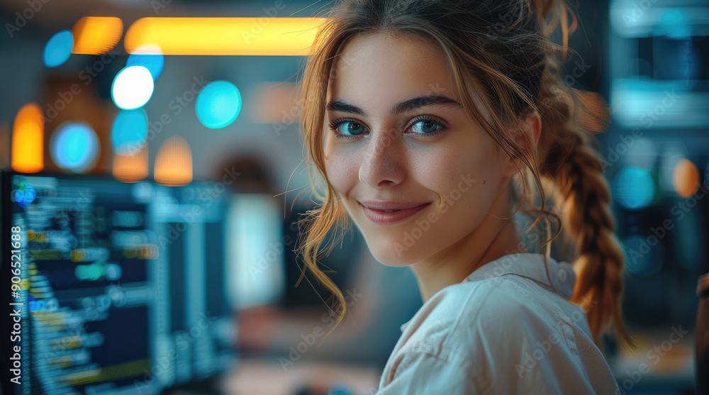 Poster female it technician in front of a computer working, work environment, happy in her position. genera