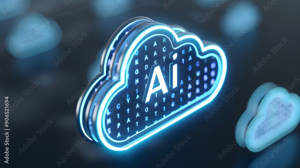 Poster digital cloud with artificial intelligence (ai) in glowing letters, symbolizing modern cloud computi