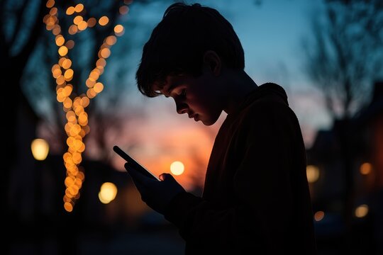 Emotional Teenager Silhouette Using Trend Tracking Apps While Focusing on School Work - Powered by Adobe